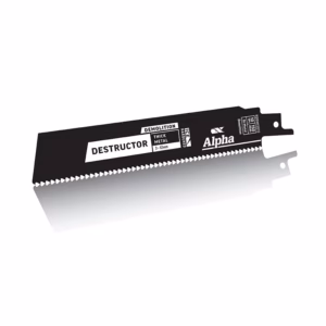 Demolition reciprocating saw blade labeled "Destructor" by Alpha for thick metal cutting (3–12 mm).