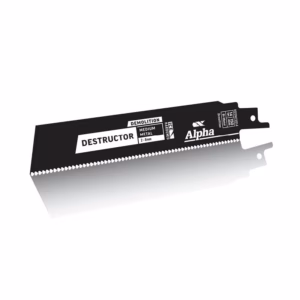 Demolition saw blade labeled 'DESTRUCTOR' by Alpha, a black metal tool with sharp teeth on a white background.