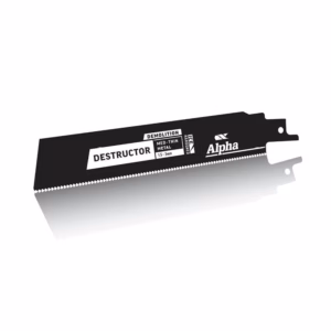 Alpha Destructor demolition saw blade for medium-thin metal (1.5–3 mm) with brand logo on black body.