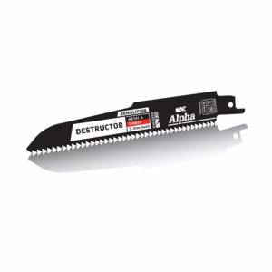 Demolition chainsaw blade with the word 'DESTRUCTOR' and the Alpha logo, showing metal and timber labels on the blade edge.