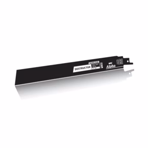 Demolition saw blade labeled 'DESTRUCTOR' by Alpha, metal cutting with fine teeth and hook-hang holes on the end edge