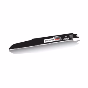 Demolition reciprocating saw blade with sharp teeth, labeled 'DESTRUCTOR' and brand 'Alpha' on a white background.