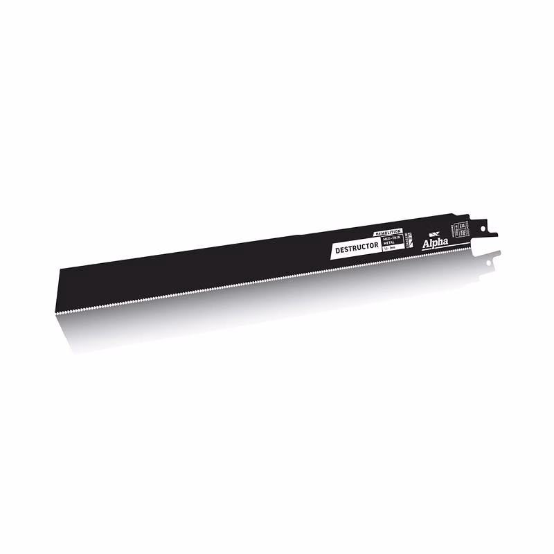 RDDM30018-5 - Alpha Tools Long black metal saw blade with serrated edge along the bottom, labeled 'DESTRUCTOR' and 'Alpha' on the side.