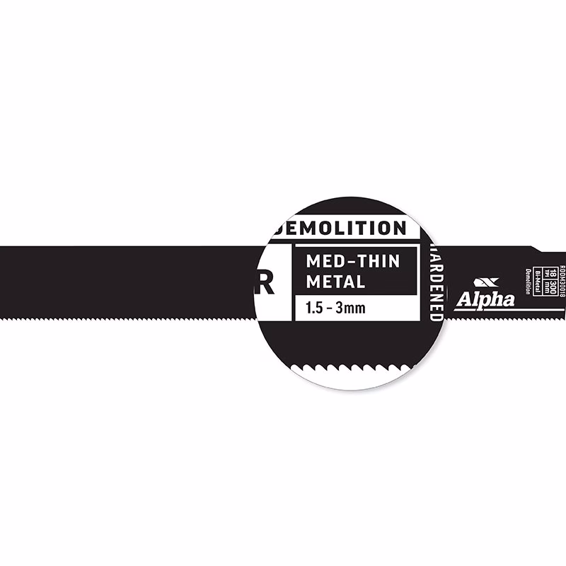 RDDM30018-5_3 - Alpha Tools Close-up of a black metal saw blade with a circular zoom highlighting the label 'Demolition Med-Thin Metal 1.5–3mm' and Alpha branding.