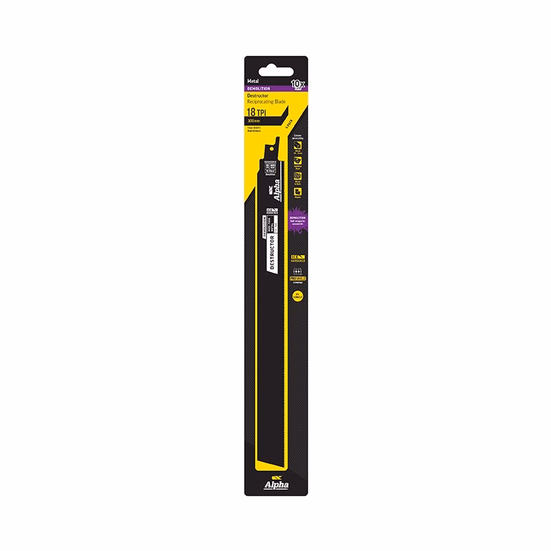 RDDM30018-5_4 - Alpha Tools Package for Alpha Destructo metal reciprocating blade (18 TPI), long yellow-and-black packaging with blade visible.