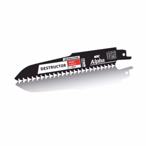 Demolition reciprocating saw blade labeled 'DESTRUCTOR' for wood and nails, black with white labels.