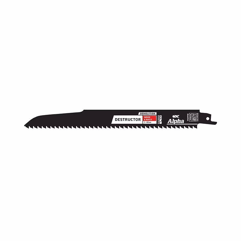 RDDW2305-2_2 - Alpha Tools Demolition hand saw with a long serrated blade and labels such as 'Destructor' and 'Alpha' for cutting wood in demolition work.