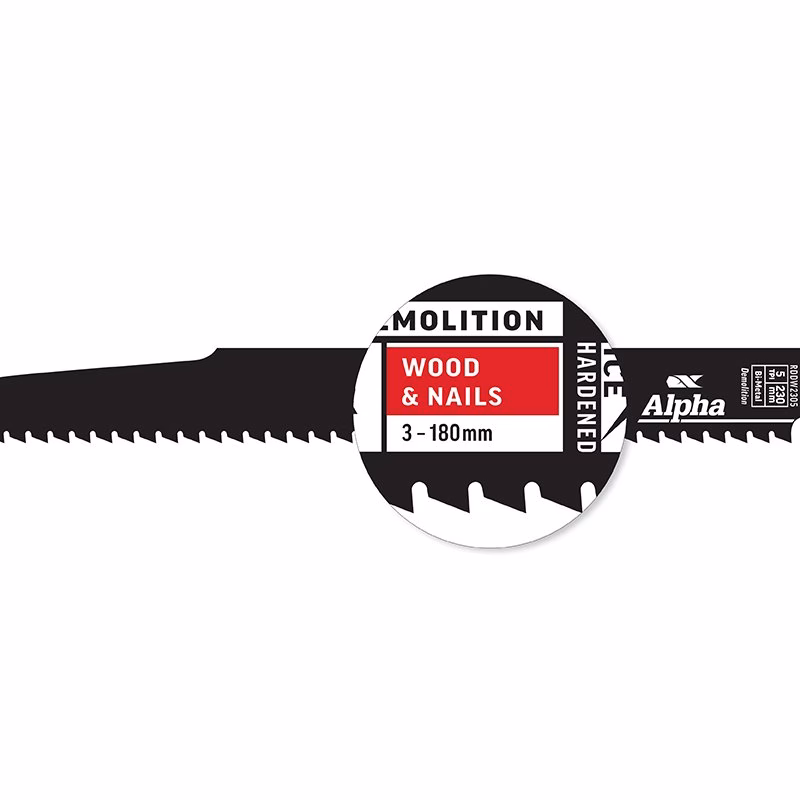 RDDW2305-2_3 - Alpha Tools Close-up of a chainsaw bar label showing 'WOOD & NAILS' with size 3-180mm