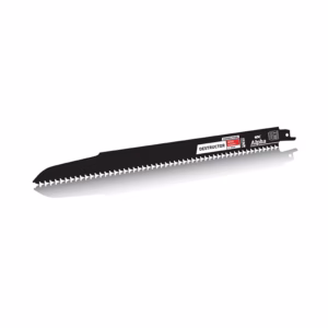 Chainsaw guide bar with a long row of cutting teeth, labeled Destructor for demolition work