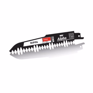 Replacement saw blade for a reciprocating saw, labeled Rippa Alpha Timber 15-100mm, with serrated teeth and black handle end
