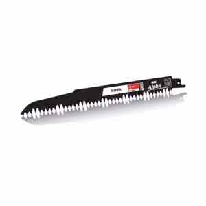 Reciprocating saw blade with sharp jagged teeth and branding on a white background (Rippa/Alpha labels).