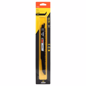 Yellow packaging for Alpha Rippa reciprocating saw blade, 5 TPI, 230 mm, showing the blade inside