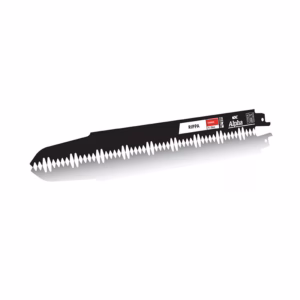 Long black saw blade with sharp, evenly spaced triangular teeth along one edge; labels read 'RIPPA' and 'Alpha' on the blade.