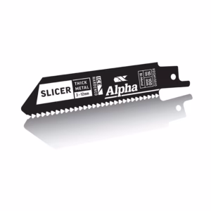 Snap-off utility knife blade in black with white labels reading 'Alpha' and 'Slicer' and a serrated edge underneath a reflective surface.