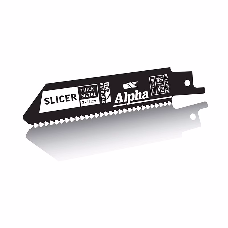 RDSM10010-2 - Alpha Tools Snap-off utility knife blade in black with white labels reading 'Alpha' and 'Slicer' and a serrated edge underneath a reflective surface.