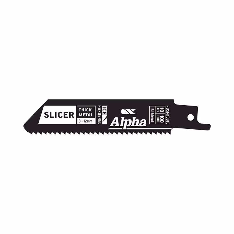 RDSM10010-2_2 - Alpha Tools Side view of a black serrated slicer blade with 'Slicer' label and 'Alpha' branding, handle on the right