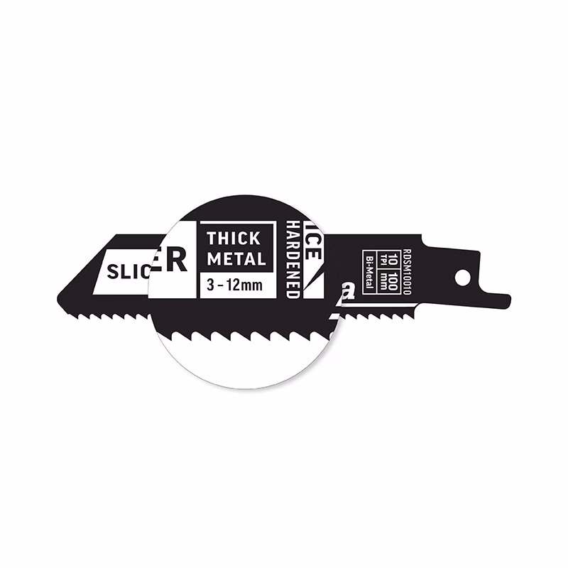 RDSM10010-2_3 - Alpha Tools Silhouette of a serrated saw blade with a magnified circle highlighting the label: THICK METAL 3-12mm, with additional small text on the blade edge as contextually descriptive.