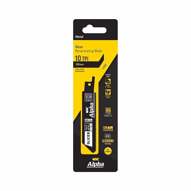 RDSM10010-2_4 - Alpha Tools Reciprocating metal blade packaging showing 10 TPI, 100 mm, Alpha brand on yellow and black card