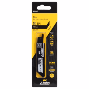 Product packaging for Alpha slicer blade: reciprocating blade, 10 TPI, 100 mm, in a yellow-and-black blister pack (5 pack).