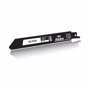 Black serrated saw blade labeled 'SLICER' with Alpha branding and mounting holes, intended for metal cutting (replacement blade).