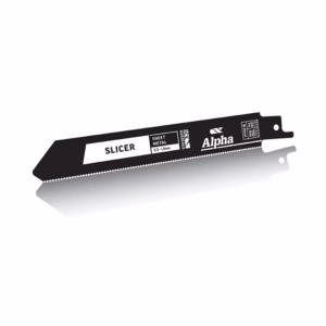 Serrated hand saw blade labeled 'Slicer' by Alpha, angled on a white background with reflection.