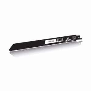 Diagonal view of a long black hacksaw blade with sharp teeth, labeled 'SLICER'