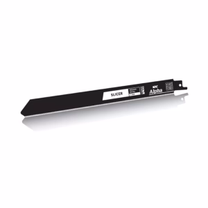 Slicer saw blade with serrated edge and Alpha branding on a black blade