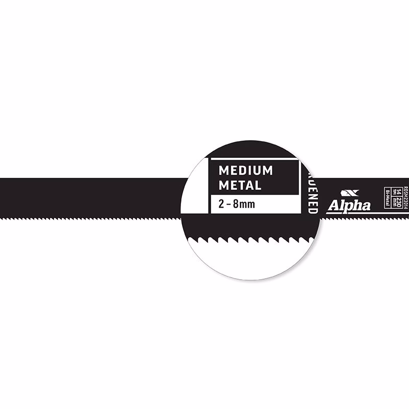 RDSM23014-25_3 - Alpha Tools Close-up of a black Alpha metal saw blade with serrated teeth and a magnified label reading 'Medium Metal 2-8mm'.