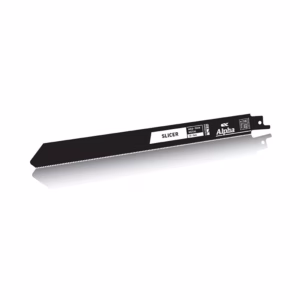 Black handsaw blade labeled 'Slicer' with Alpha branding on a white background, angled diagonally.