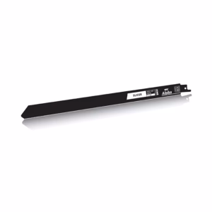 Long black Slicer blade with teeth along the bottom edge, angled on a white background.