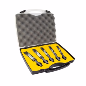 Hard plastic carrying case with five drill bits mounted in bright yellow foam, open for storage and transport