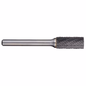 Metalworking burr tool with a smooth shank and knurled cutting head used for shaping metal cuttings.