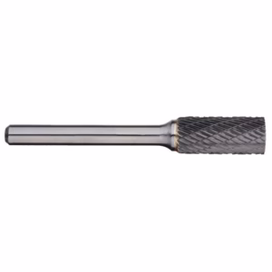 Rotary burr with knurled cutting head and smooth shank, used for metalworking