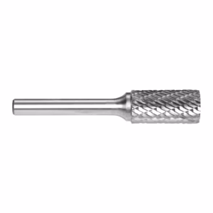 Cylindrical metal rotary burr with a textured cutting head used for grinding or shaping materials