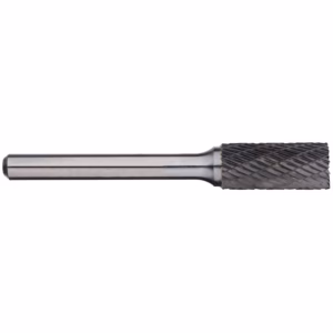 Carbide burr grinding tool with knurled cylindrical cutting head and smooth shank.