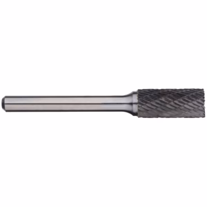 Rotary metal burr with a knurled cutting head and a smooth shank, used for grinding.