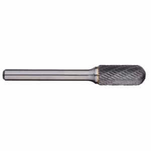 Cylindrical metal cutting tool with a knurled head on a straight shank, used for grinding or shaping metal