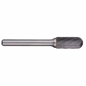 Rotary burr tool with knurled cylindrical cutting head and long shank, used for deburring and shaping metal surfaces