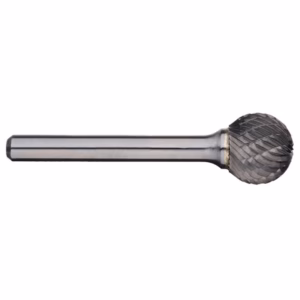 Metal rotary burr with a spherical diamond-coated head and a long shank used for grinding or shaping metal or stone.