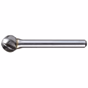 Ball-end milling cutter with a long shank used for 3D contouring and finishing surfaces in machining.”,