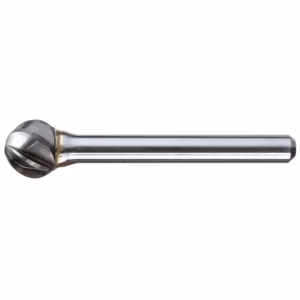 Ball-end milling tool with a round cutting head and straight metal shank on a white background.