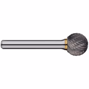 Metal rotary burr with a ball-shaped, diamond-cut head on a cylindrical shank used for shaping metal