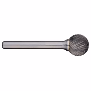Metal rotary burr with a spherical, knurled cutting head on a cylindrical shank
