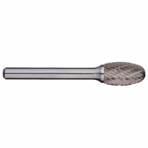 Metal rotary burr with a knurled, diamond-cut cutting head and a straight shank used for shaping metal.