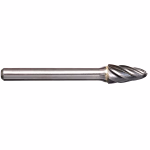 Metal drill bit with spiral flutes, shown horizontally against a white background.