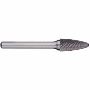 Rotary burr bit on a metal mandrel with a knurled cutting head, used for material shaping and deburring.