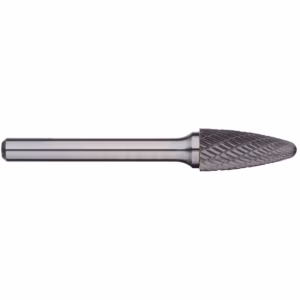 Cylindrical metal burr with a textured conical cutting head mounted on a smooth shank for grinding or shaping.