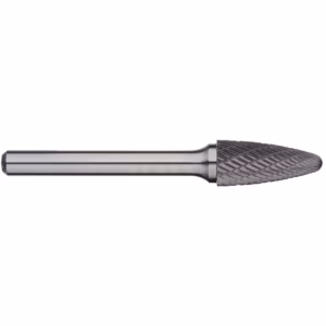 Carbide burr tool with knurled grip and cylindrical shank for die grinders, shown horizontally in side view.