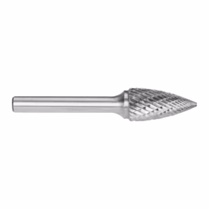 Carbide rotary burr with a conical, diamond-cut tip for metal shaping and deburring.