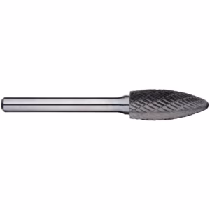 Metal rotary burr with a knurled, conical diamond-coated tip and smooth shaft, used for grinding.